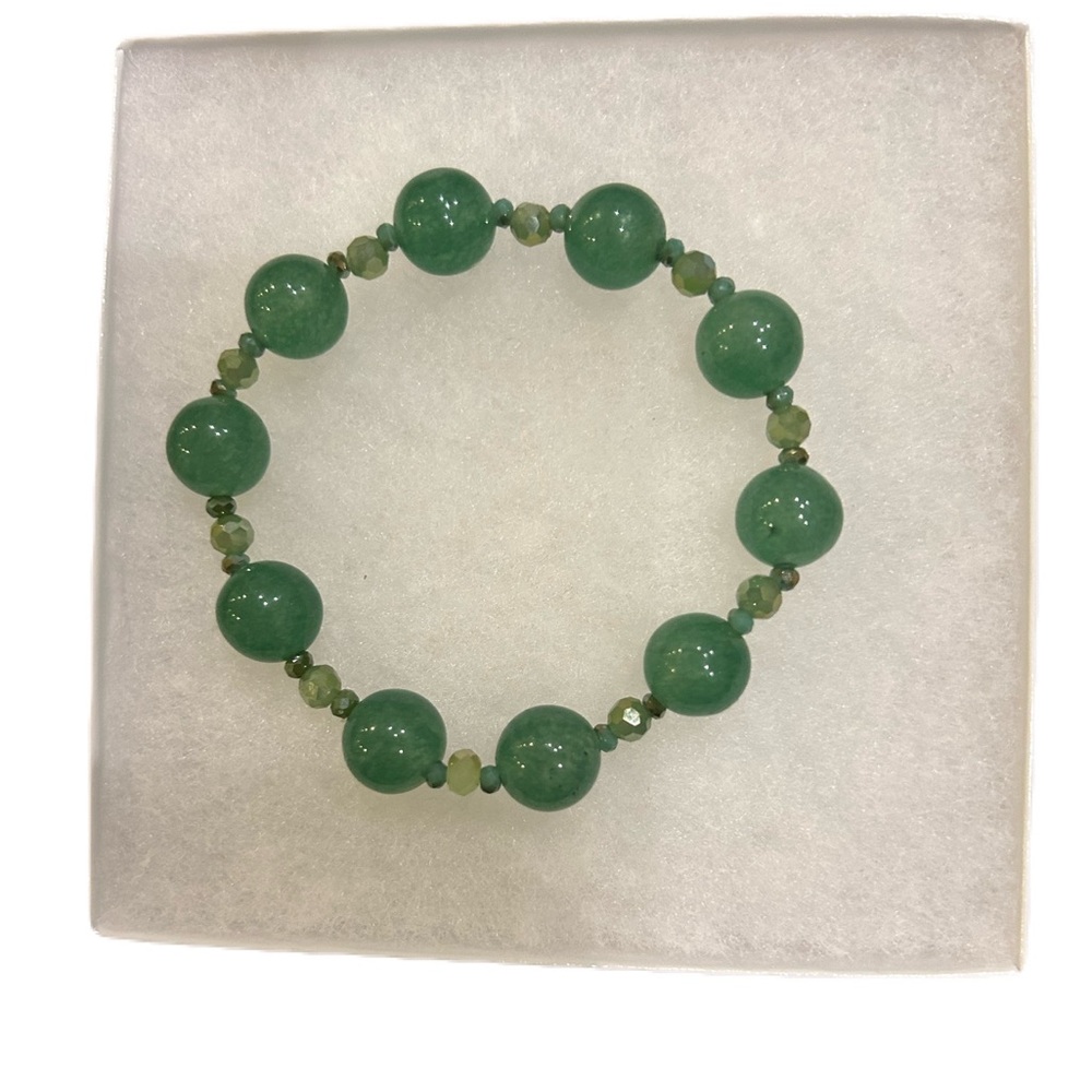 Semiprecious Green Aventurine and Crystal Beaded Stretch Bracelet - Picture 2 of 3